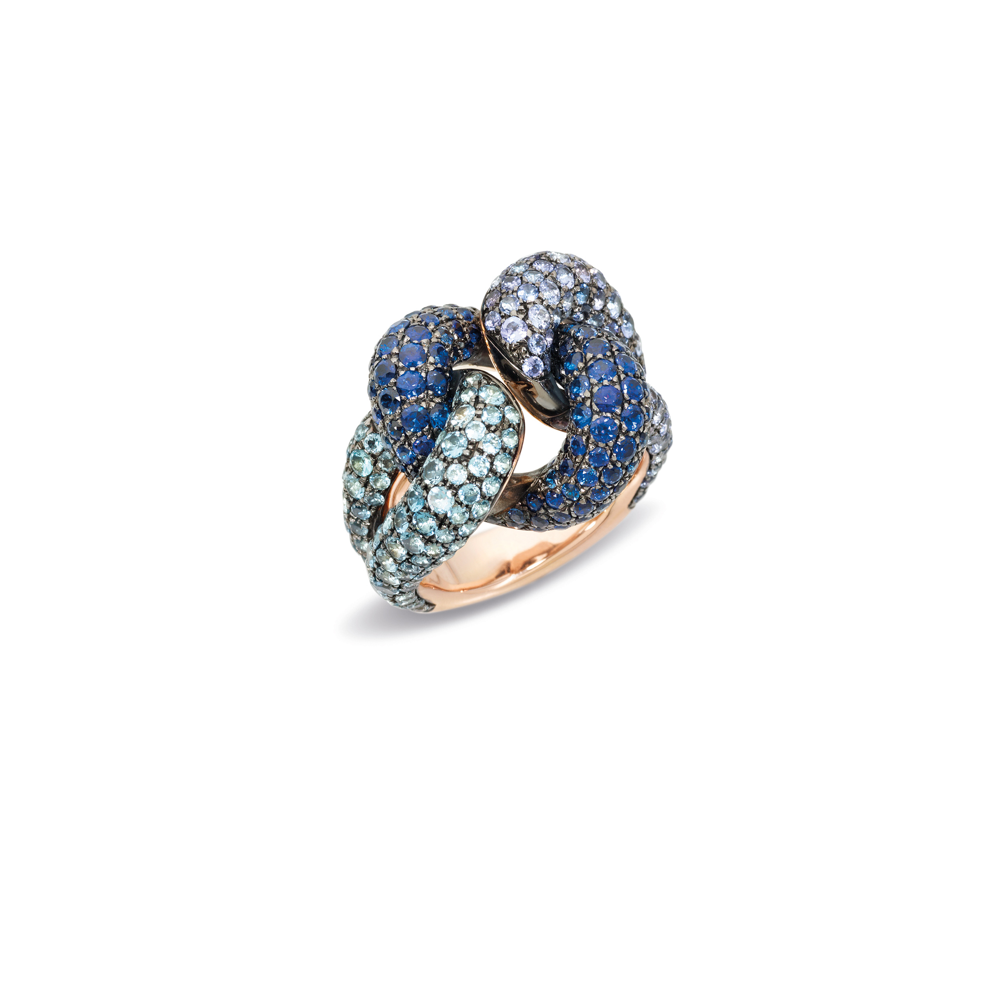 Pomellato Tango Ring aus Roségold mit Aquamarin, Tansanit und blauem Saphir