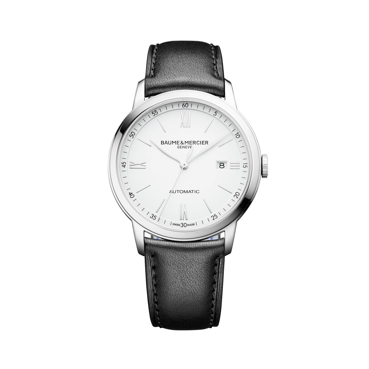 Baume et Mercier Classima mit Gehäuse aus Edelstahl, Lederband und weißem Zifferblatt