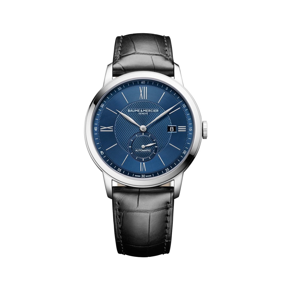 Baume et Mercier Classima mit Gehäuse aus Edelstahl, Lederband und blauem Zifferblatt