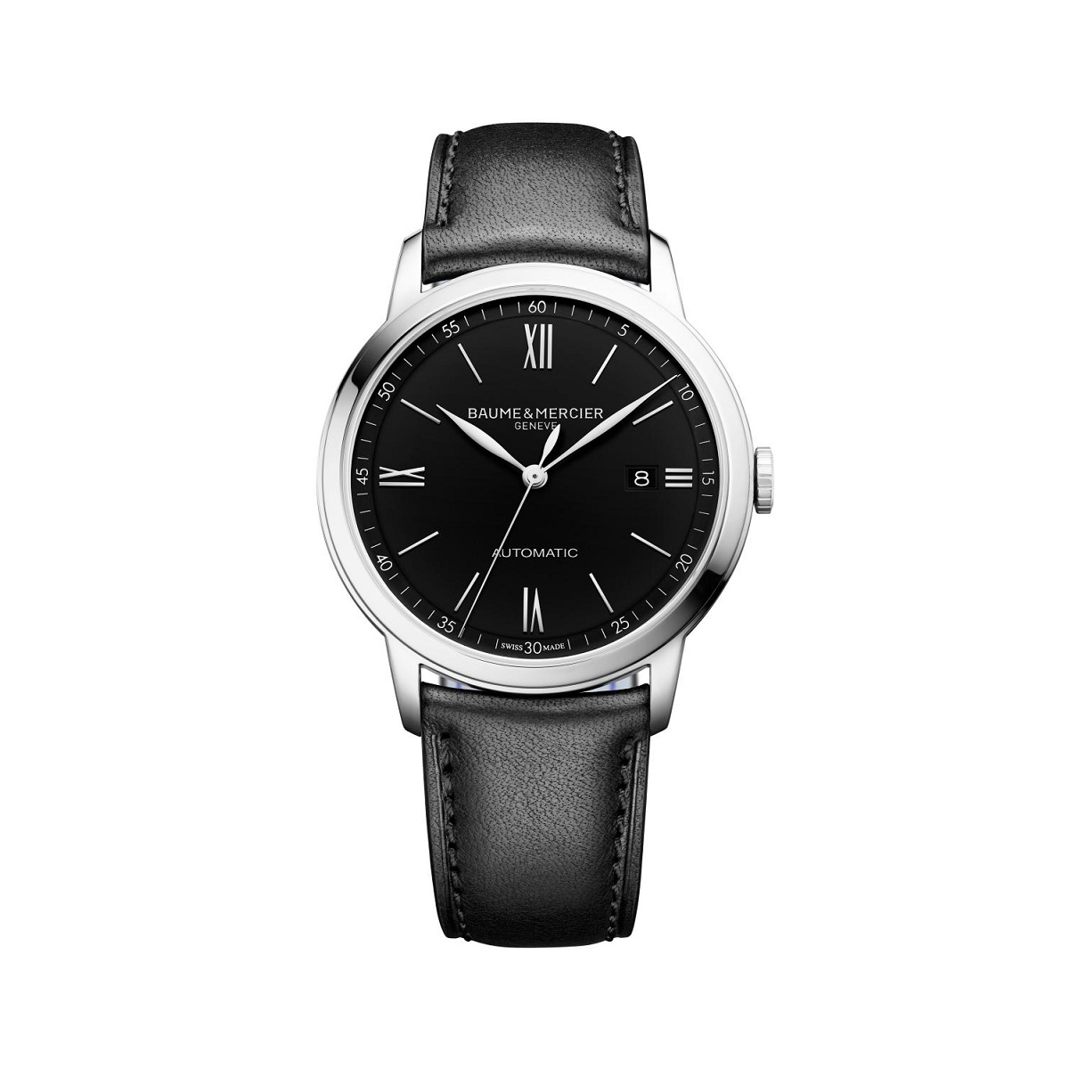 Baume et Mercier Classima mit Gehäuse aus Edelstahl, Lederband und schwarzem Zifferblatt