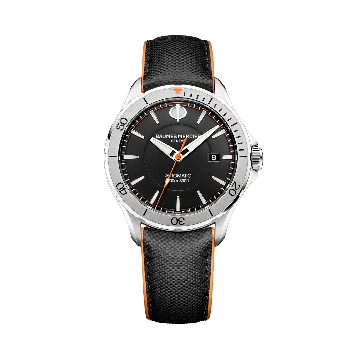 Baume et Mercier Clifton Club mit Gehäuse aus Edelstahl, Lederband und schwarzem Zifferblatt