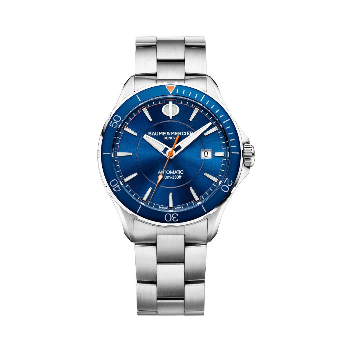 Baume et Mercier Clifton Club mit Gehäuse und Band aus Edelstahl und blauem Zifferblatt