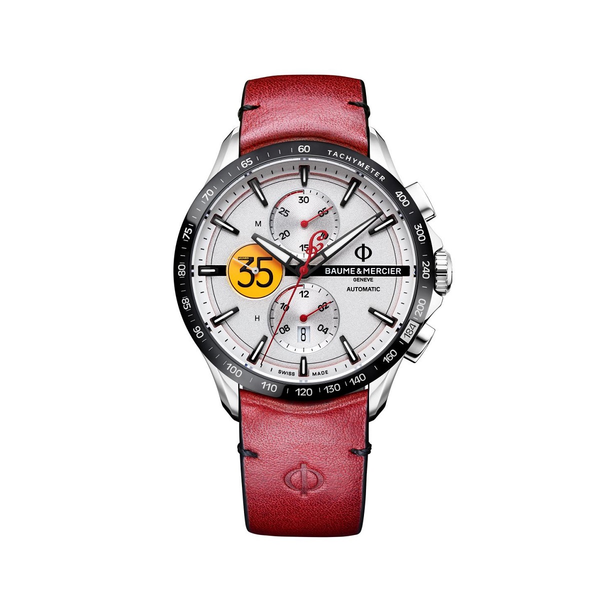 Baume et Mercier Clifton Club Burt Munromit Gehäuse aus Edelstahl, Lederband und silberfarbenem Zifferblatt