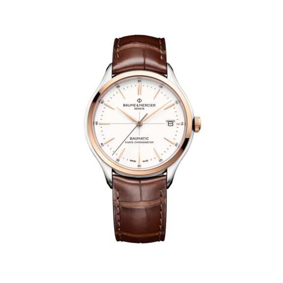 Baume et Mercier Clifton Baumatic mit Gehäuse aus Edelstahl vergoldet, Lederband und weißem Zifferblatt