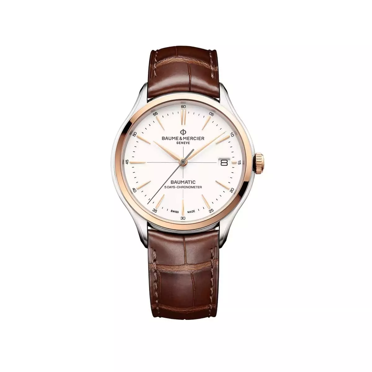 Baume et Mercier Clifton Baumatic mit Gehäuse aus Edelstahl vergoldet, Lederband und weißem Zifferblatt