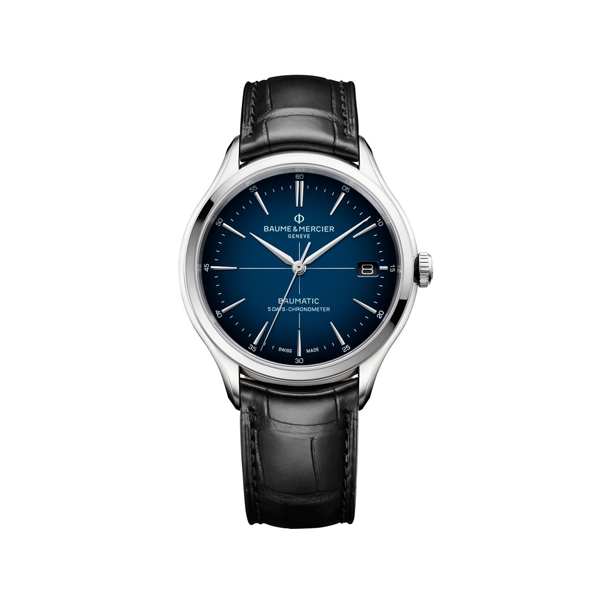 Baume et Mercier Clifton Baumatic mit Gehäuse aus Edelstahl, Lederband und blauem Zifferblatt