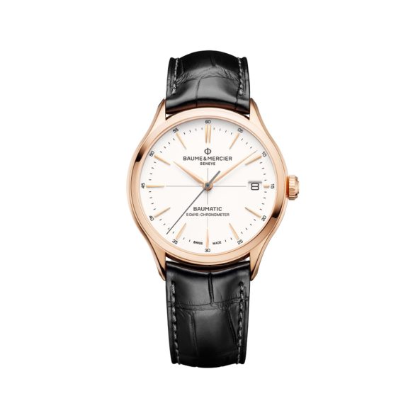 Baume et Mercier Clifton Baumatic mit Gehäuse aus Edelstahl vergoldet, Lederband und weißem Zifferblatt