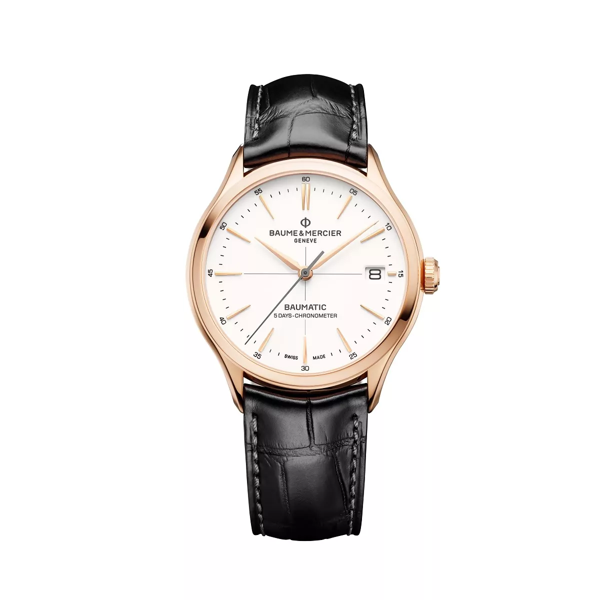 Baume et Mercier Clifton Baumatic mit Gehäuse aus Edelstahl vergoldet, Lederband und weißem Zifferblatt