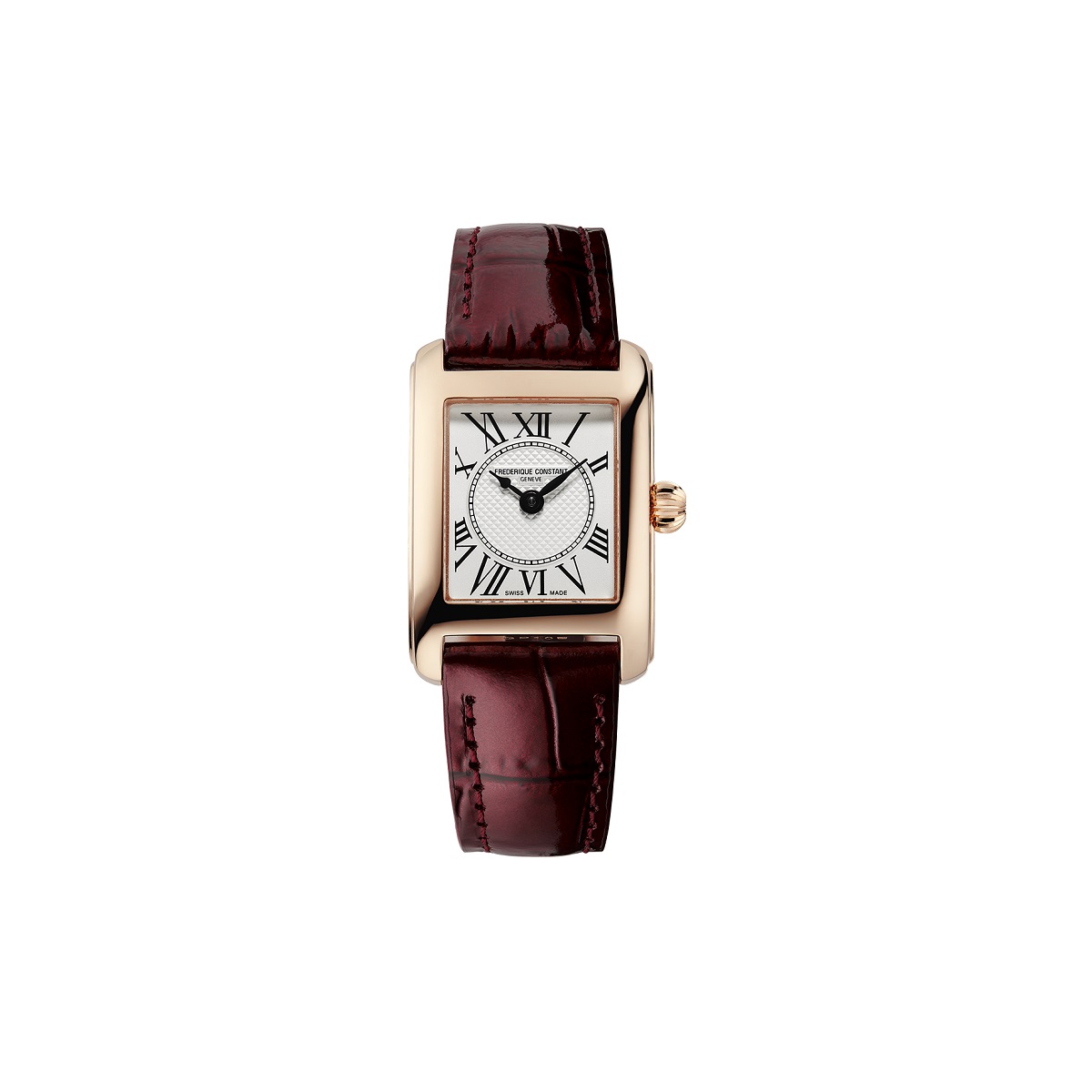 Frederique Constant Classics Carrée Ladies mit vergoldetem Edelstahgehäuse, Lederband und silbernem Zifferblatt