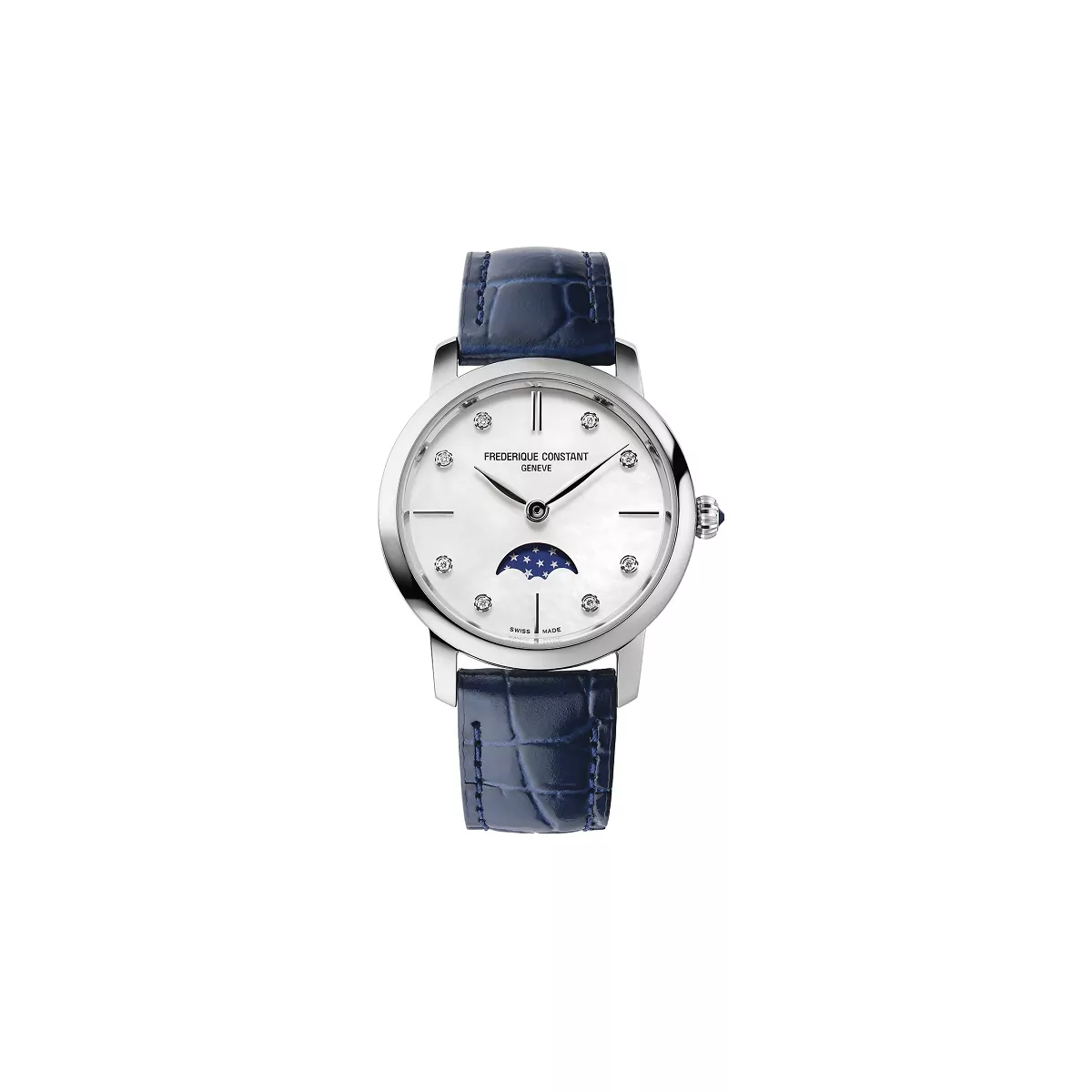 Frederique Constant Slimline Ladies Moonphase mit Edelstahlgehäuse, Lederband und Perlmutt-Zifferblatt