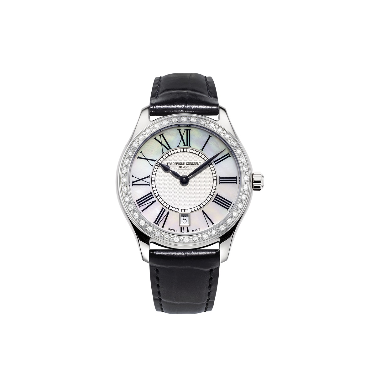 Frederique Constant Classics Ladies Quartz mit Edelstahlgehäuse und Lederband und Perlmutt-Zifferblatt