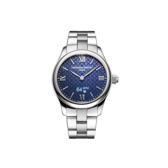 Frederique Constant Smartwatch Ladies Vitality mit Gehäuse und Band aus Edelstahl und blauem Zifferblatt