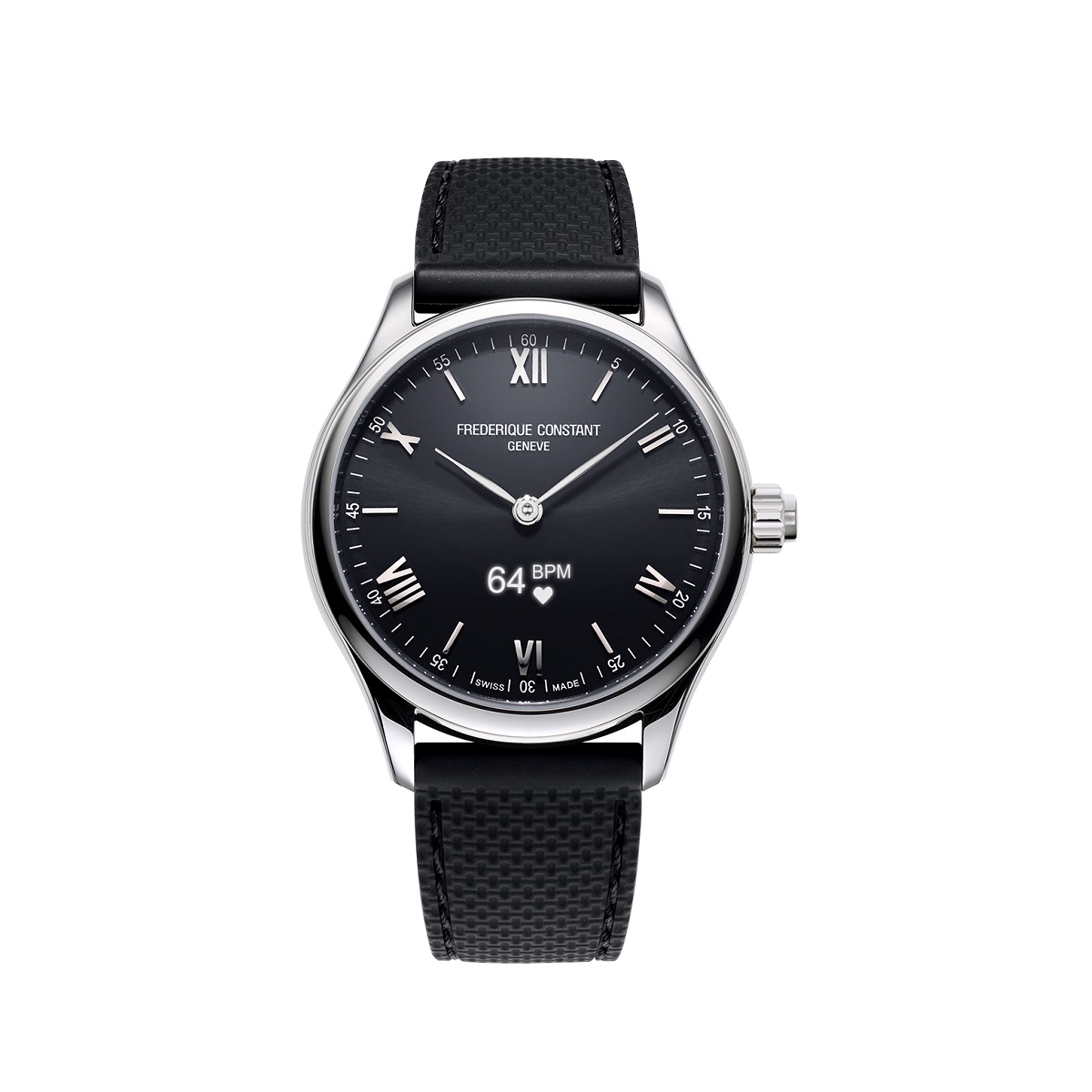 Frederique Constant Smartwatch Gents Vitality mit Edelstahlgehäuse und Kautschukband und schwarzem Zifferblatt