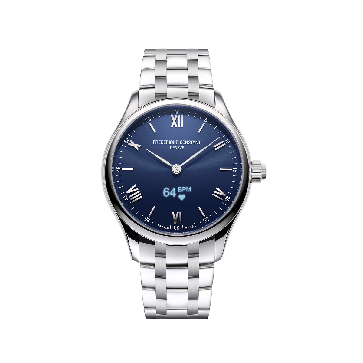 Frederique Constant Smartwatch Gents Vitality mit Gehäuse und Band aus Edelstahl und blauem Zifferblatt