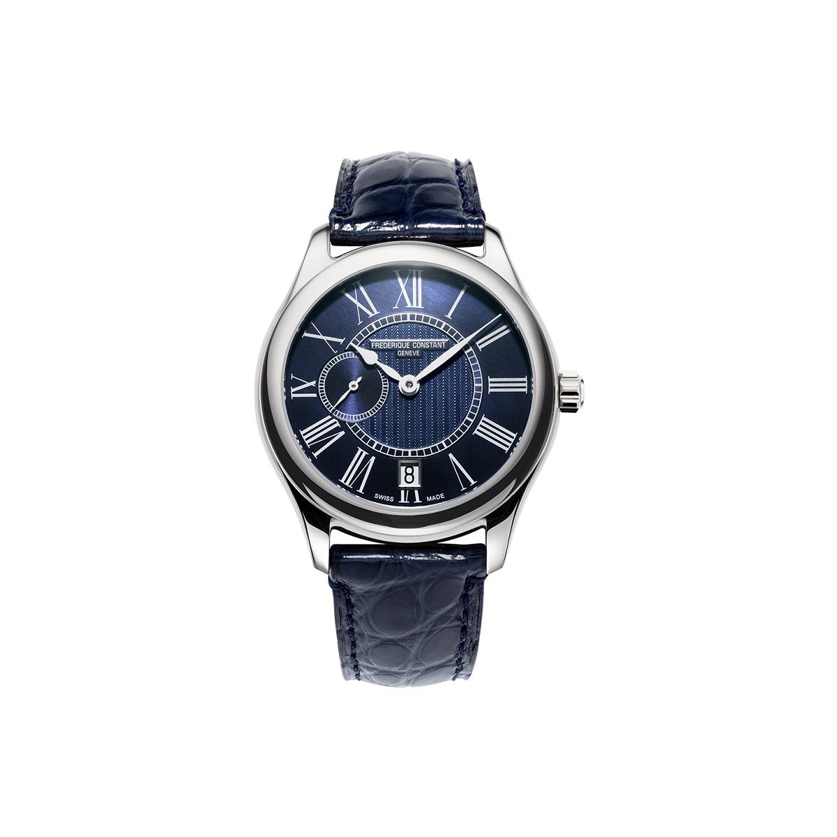 Frederique Constant Ladies Automatic Small Seconds mit Edelstahlgehäuse und Lederband und blauem Zifferblatt