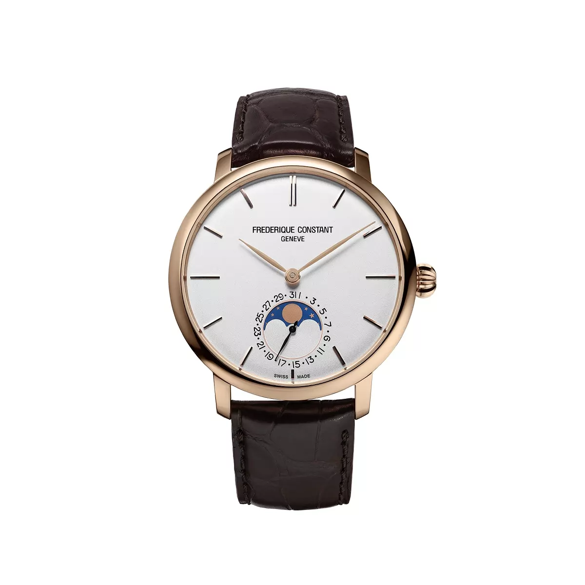 Frederique Constant Slimline Moonphase Manufacture mit vegoldetem Edelstahlgehäuse, Lederband und silbernem Zifferblatt