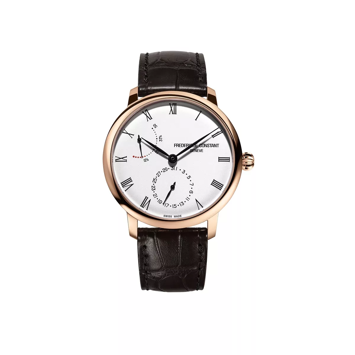 Frederique Constant Slimline Power Reserve Manufacture mit vegoldetem Edelstahlgehäuse, Lederband und silbernem Zifferblatt