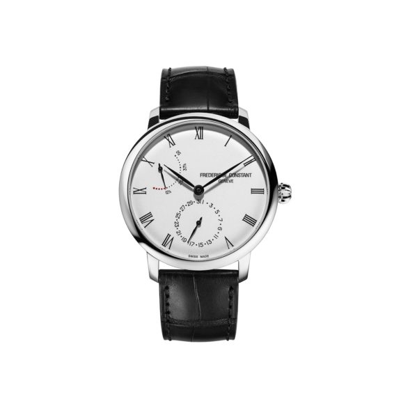 Frederique Constant Slimline Power Reserve Manufacture mit Edelstahlgehäuse, Lederband und silbernem Zifferblatt