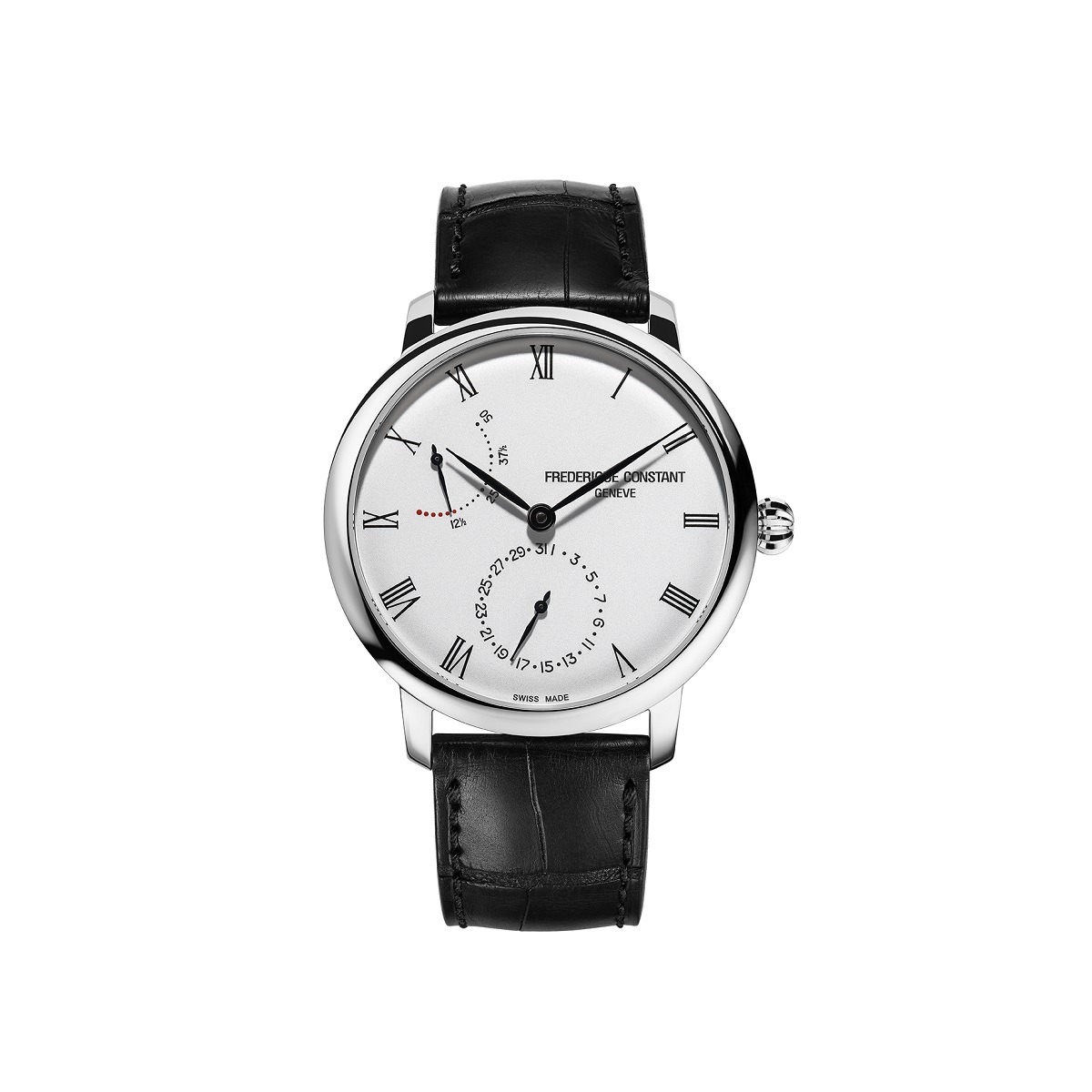 Frederique Constant Slimline Power Reserve Manufacture mit Edelstahlgehäuse, Lederband und silbernem Zifferblatt