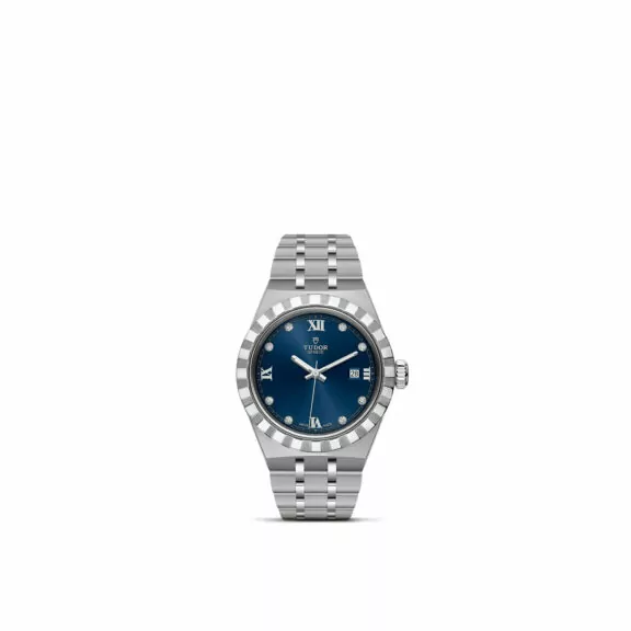 Tudor Royal mit Gehäuse und Band aus Edelstahl und blauem Zifferblatt mit Diamanten