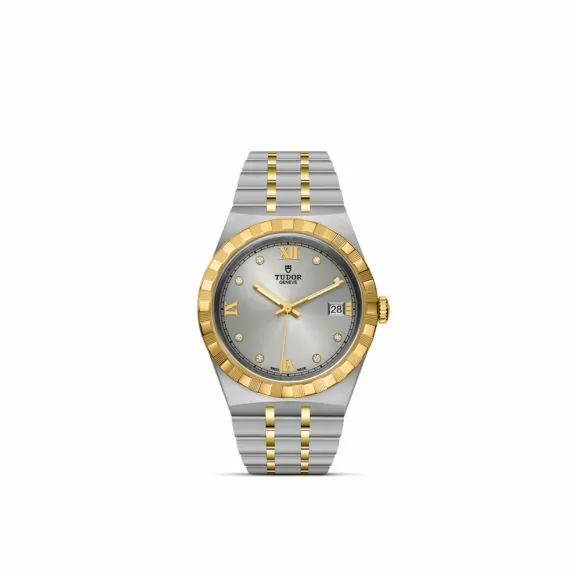 Tudor Royal mit Gehäuse und Band aus Edelstahl und Gelbgold und silberem Zifferblatt mit Diamanten