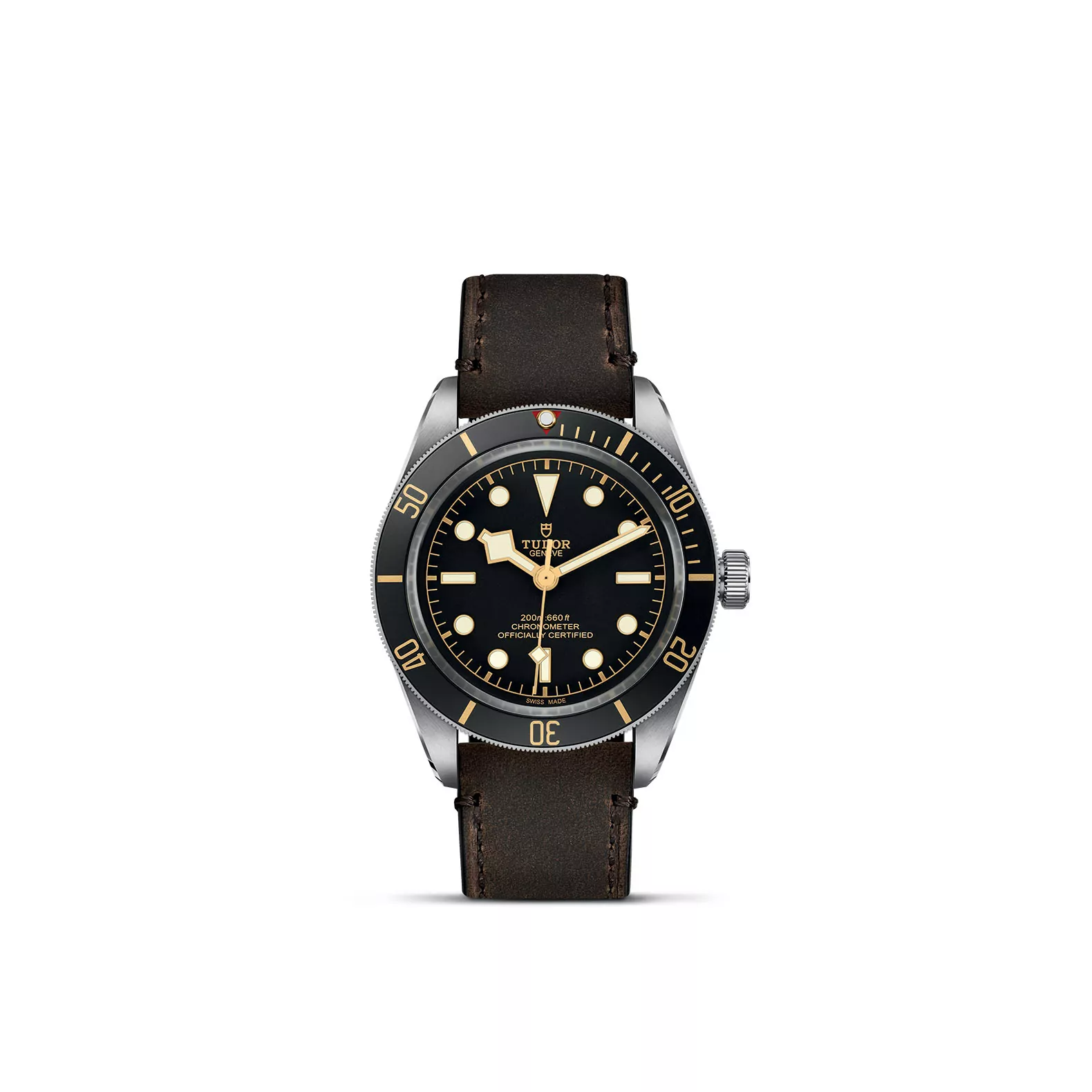 Tudor Black Bay Fifty-Eight mit Edelstahlgehäuse und Lederband und schwarzem Zifferblatt