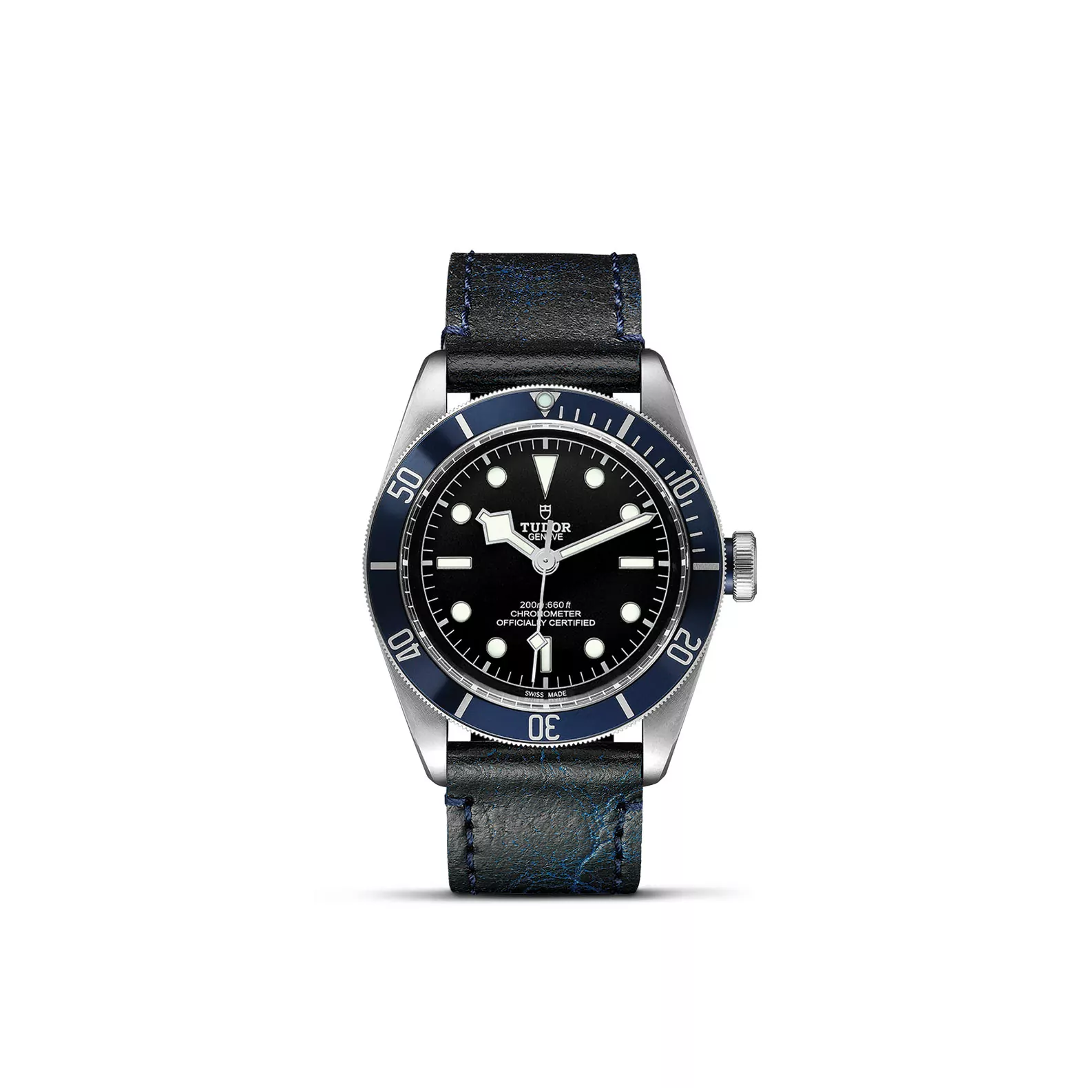 Tudor Black Bay mit Edelstahlgehäuse und Lederband und blauem Zifferblatt