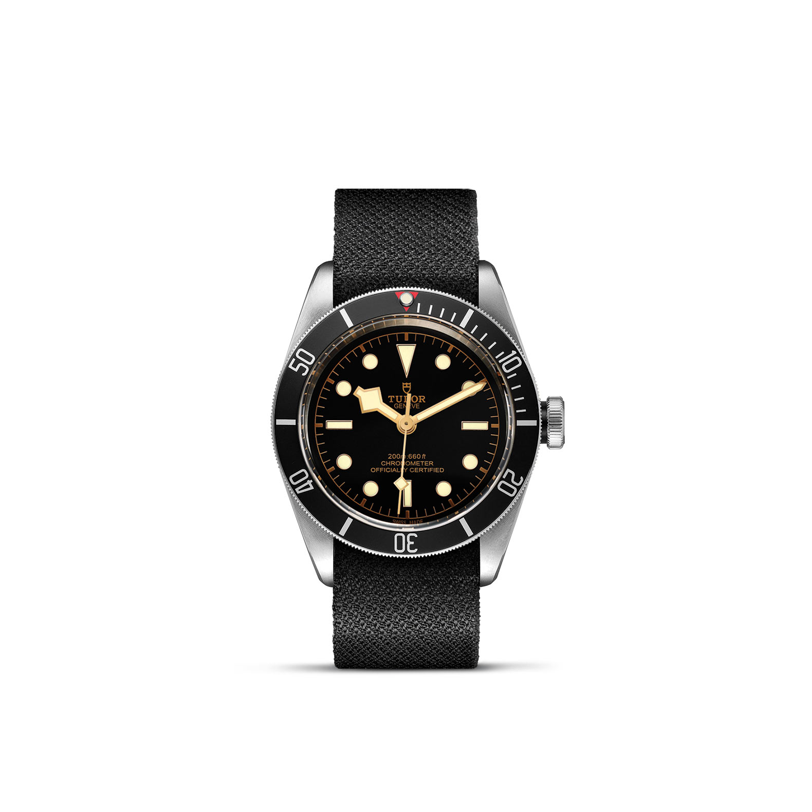 Tudor Black Bay mit Edelstahlgehäuse und Textilband und schwarzem Zifferblatt