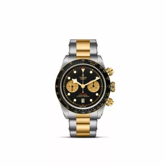 Tudor Black Bay Chrono S&G mit Gehäuse und Band aus Edelstahl und Gelbgold und schwarzem Zifferblatt
