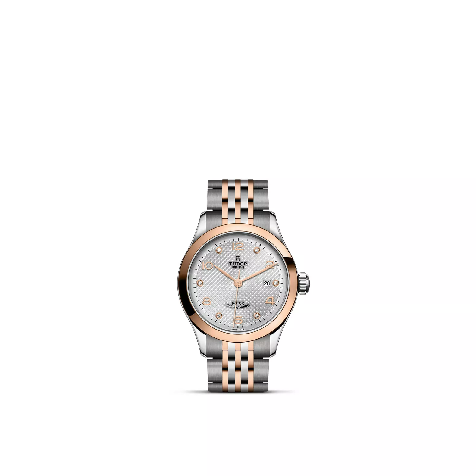 Tudor 1926 mit Gehäuse und Band aus Edelstahl und Roségold und silbernem Zifferblatt mit Diamanten