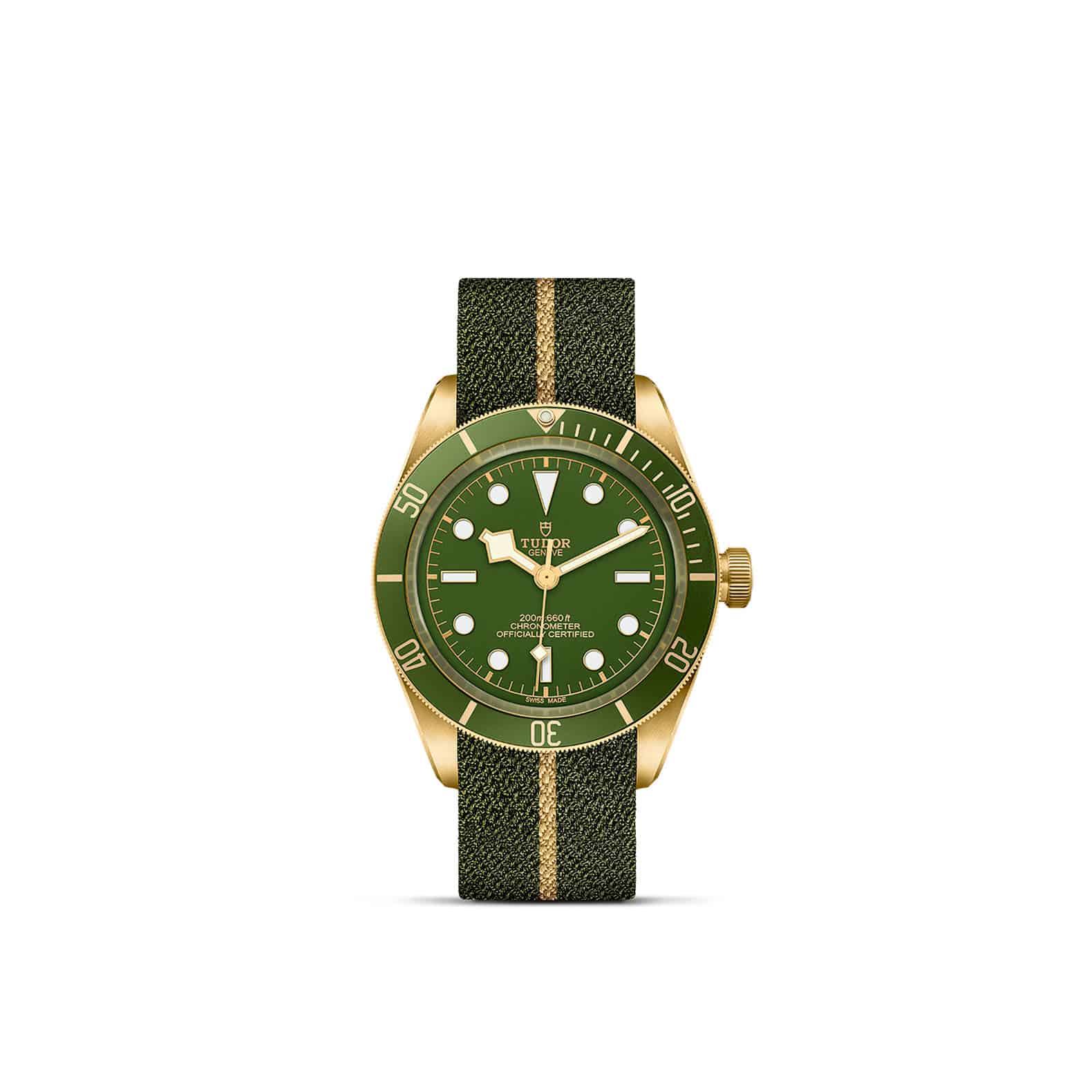 Tudor Black Bay Fifty-Eight 925 mit Gehäuse aus 18 Karat Gelbgold und Textilband und grünem Zifferblatt