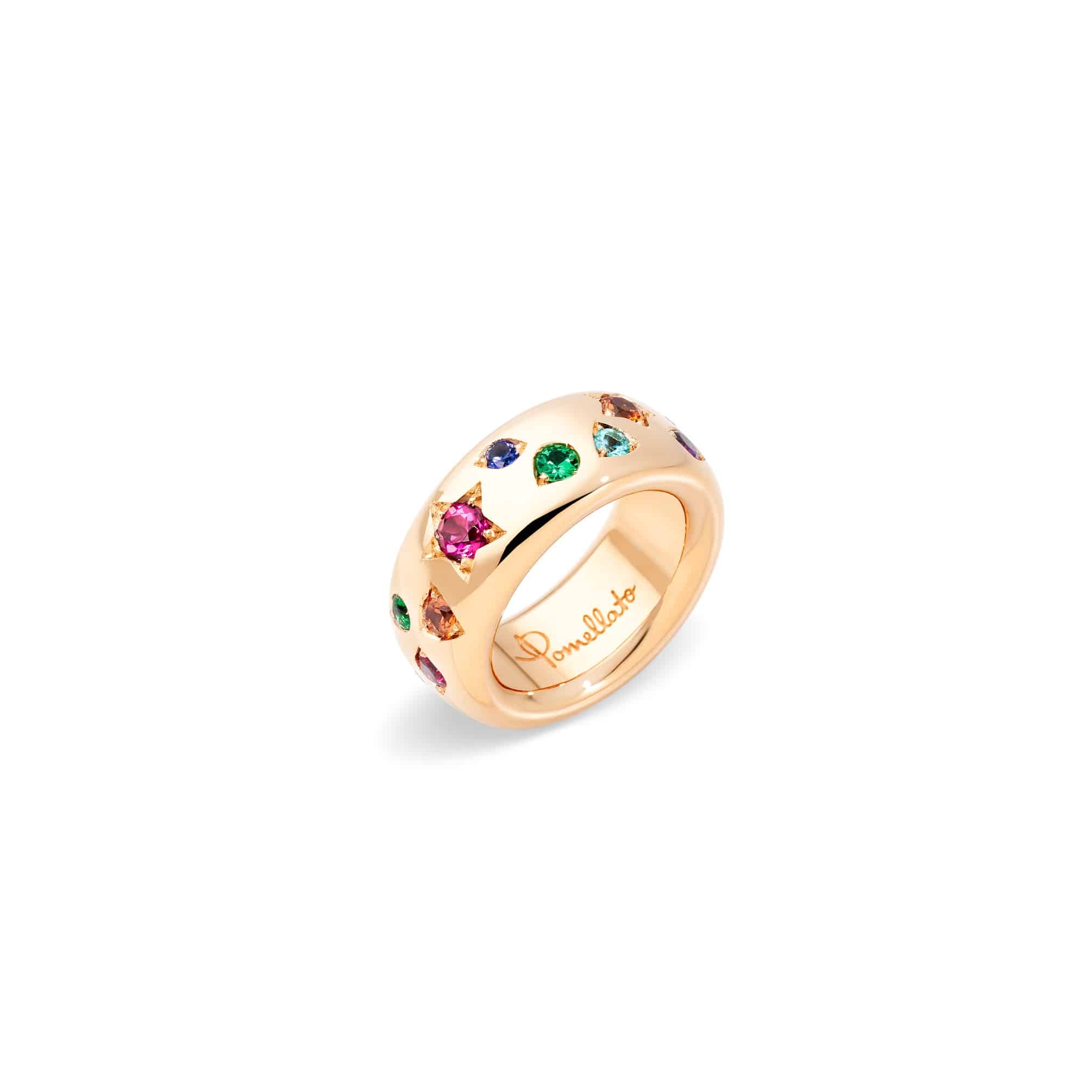 Pomellato Iconica Ring aus Roségold mit Amethyst, Tsavorit, orangem und blauem Saphir, blauem Zirkon, rotem Spinell, rosa Turmalin, Tansanit und Demantoid