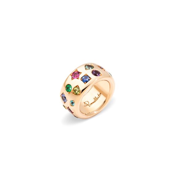 Pomellato Iconica Ring aus Roségold mit Amethyst, Tsavorit, blauem, grünem, rosa und orangem Saphir, blauem Zirkon, rotem Spinell, Tansanit, Demantoid, Rubin und Peridot