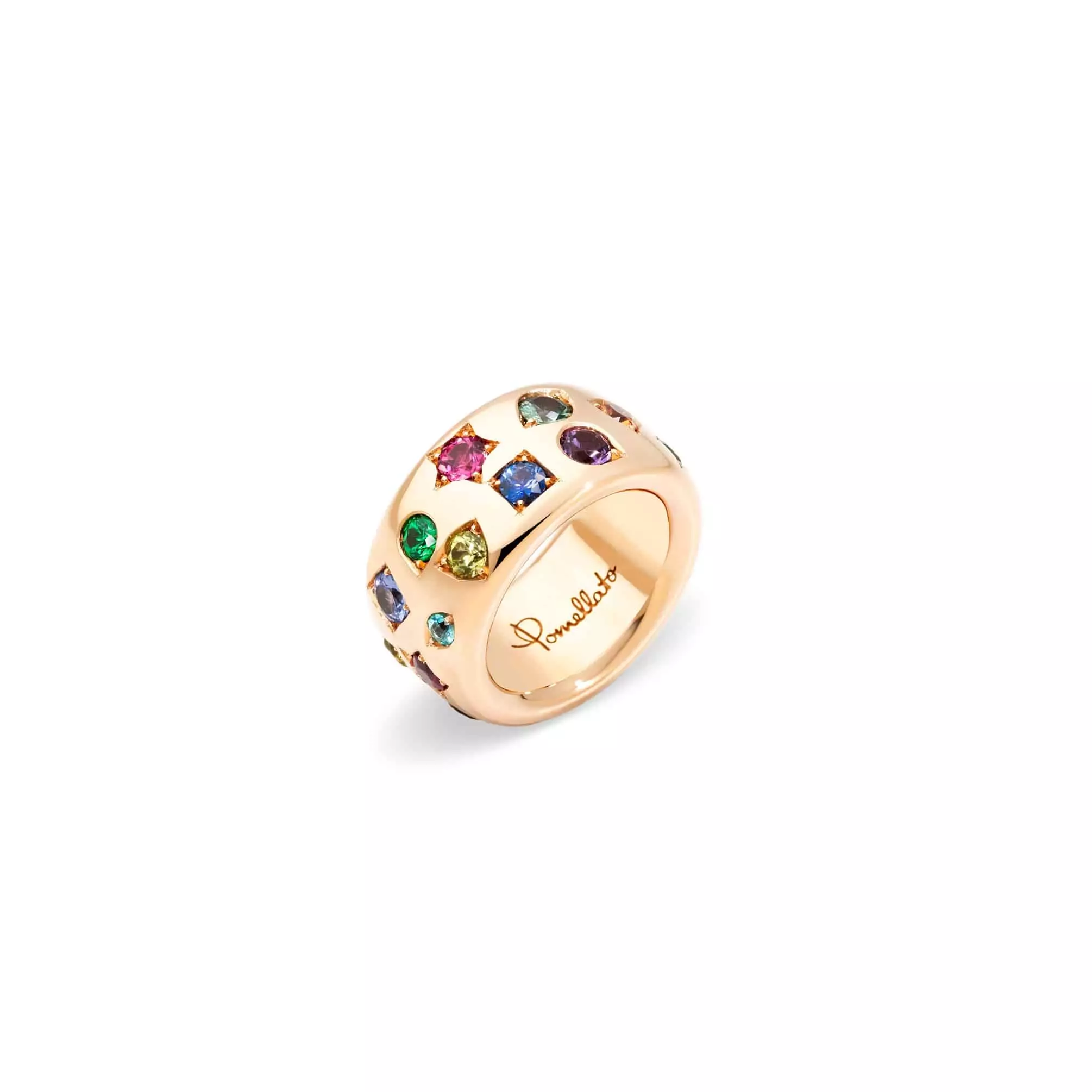 Pomellato Iconica Ring aus Roségold mit Amethyst, Tsavorit, blauem, grünem, rosa und orangem Saphir, blauem Zirkon, rotem Spinell, Tansanit, Demantoid, Rubin und Peridot