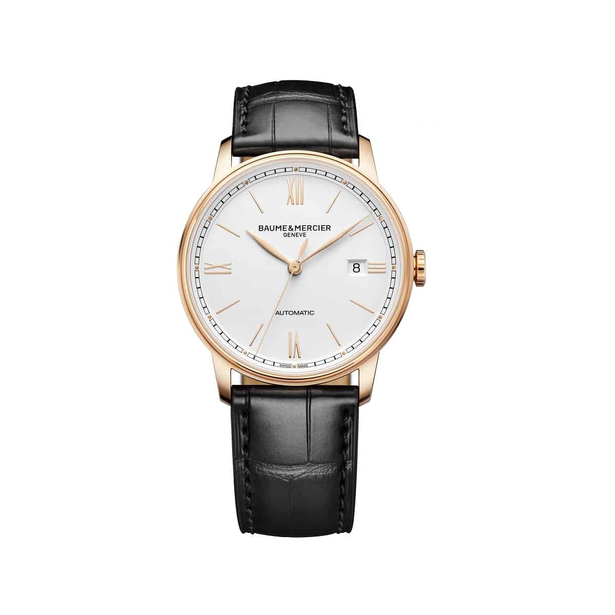 Baume et Mercier Classima mit Gehäuse aus Roségold, Lederband und silberfarbenem Zifferblatt