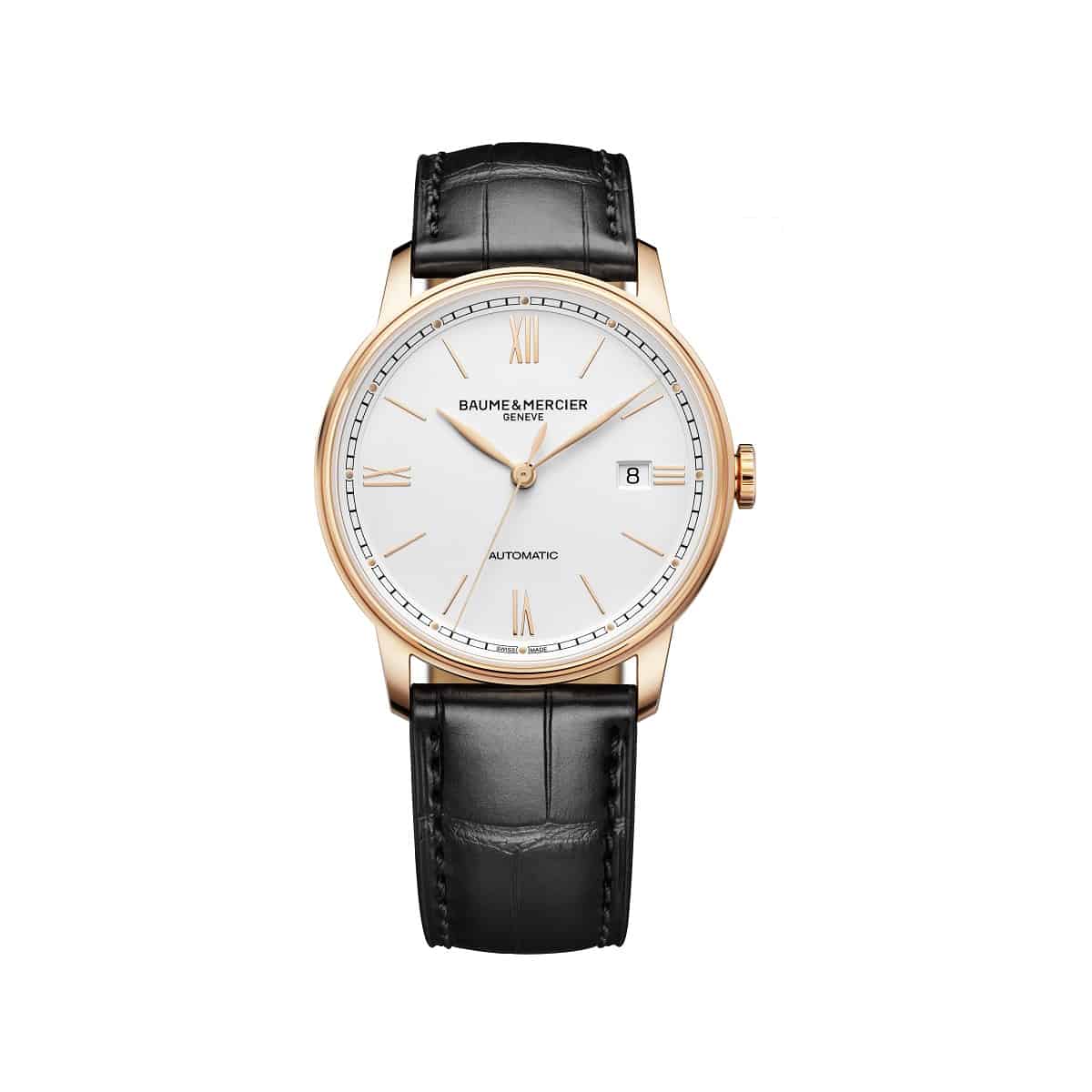 Baume et Mercier Classima mit Gehäuse aus Roségold, Lederband und silberfarbenem Zifferblatt