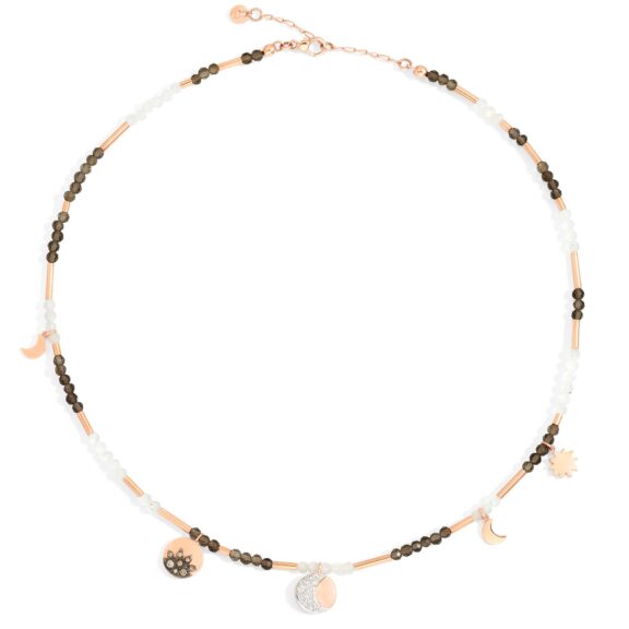 Dodo Collier Moon & Sun aus 9 Karat Roségold mit Rauchquarz, Adular und Diamanten