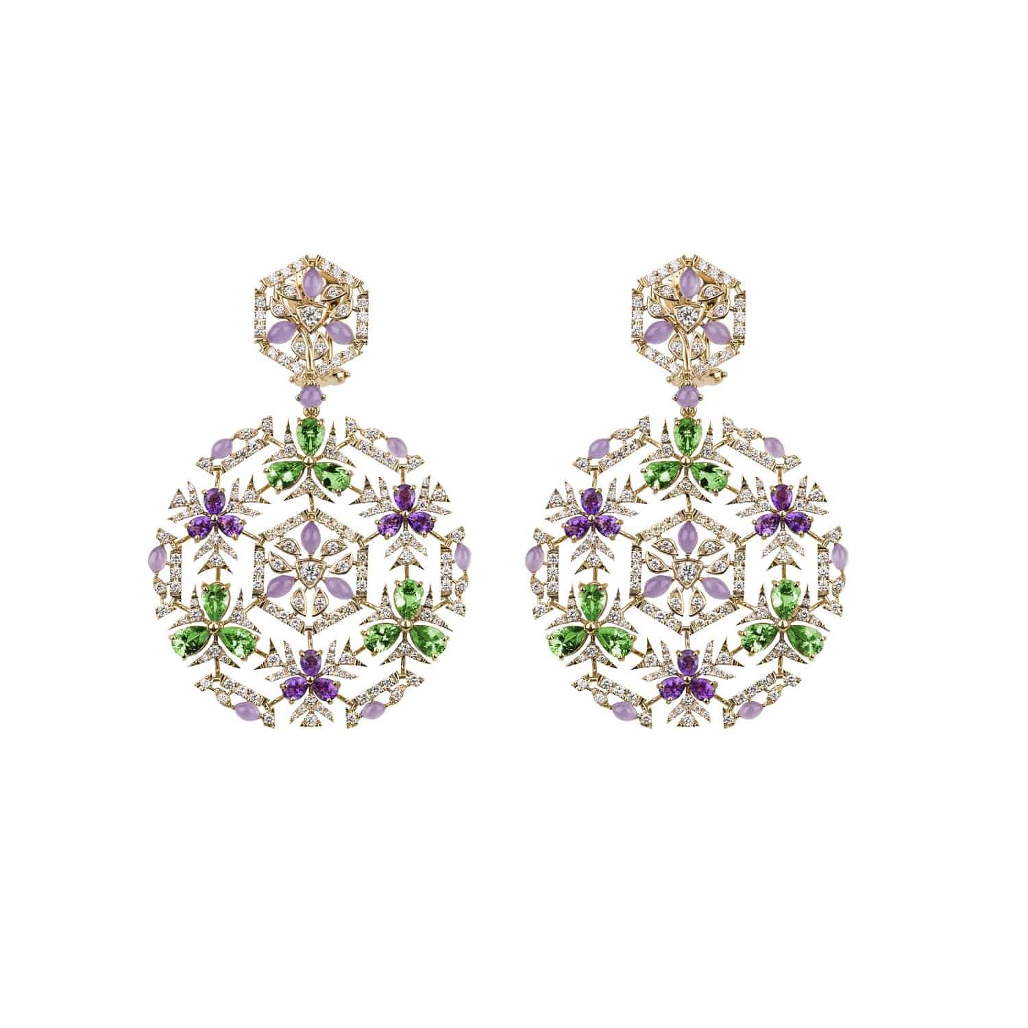 Chantecler Caleidoscopio Ohrschmuck aus Weiß- und Gelbgold mit Amethyst, Tsavorit, Jade und Diamanten