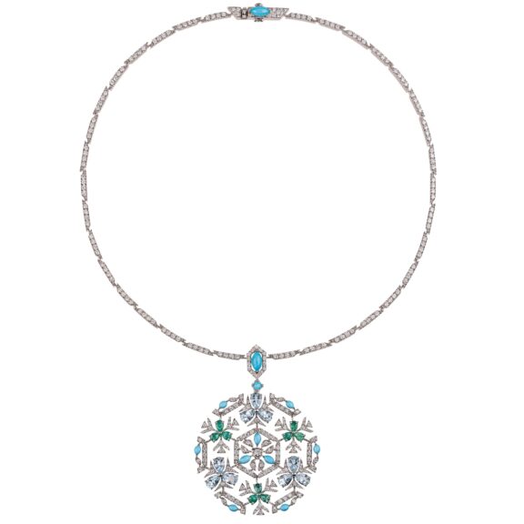 Chantecler Caleidoscopio Collier aus Weißgold mit Smaragd, Aquamarin, Türkis und Diamanten
