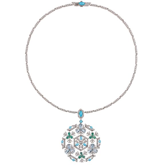 Chantecler Caleidoscopio Collier aus Weißgold mit Smaragd, Aquamarin, Türkis und Diamanten