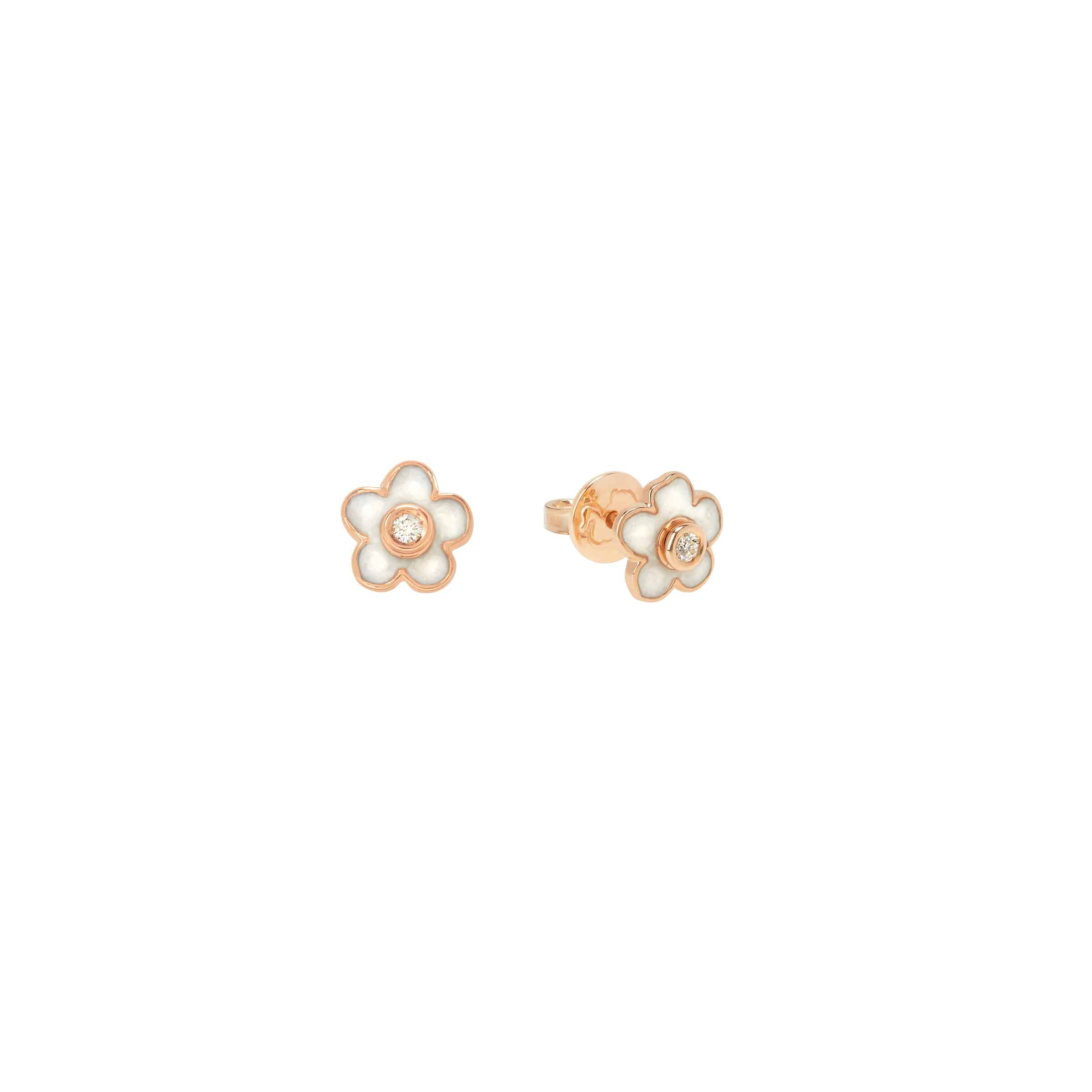 Dodo Ohrschmuck Blume aus 9 Karat Roségold mit Emaille und Diamante.