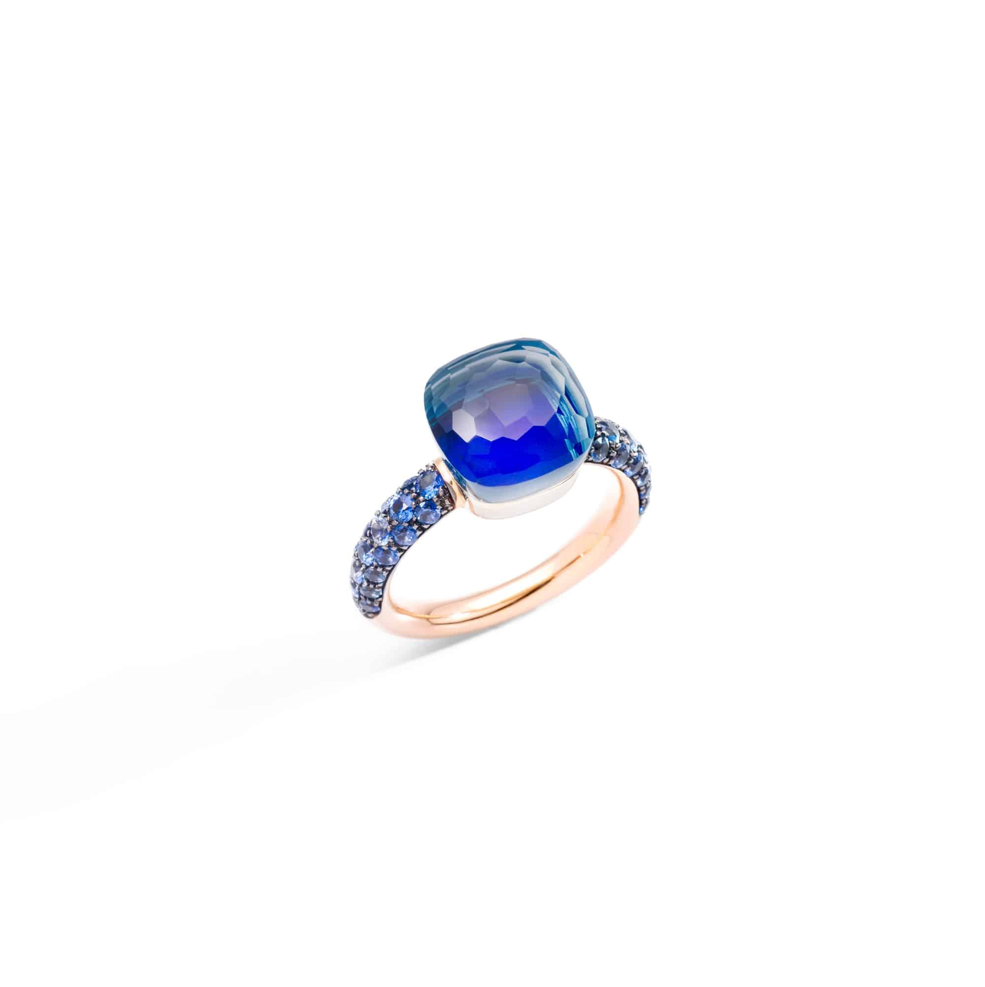 Pomellato Nudo Ring aus Rosé- und Weißgold mit London Blue Topas, Lapislazuli und Saphir