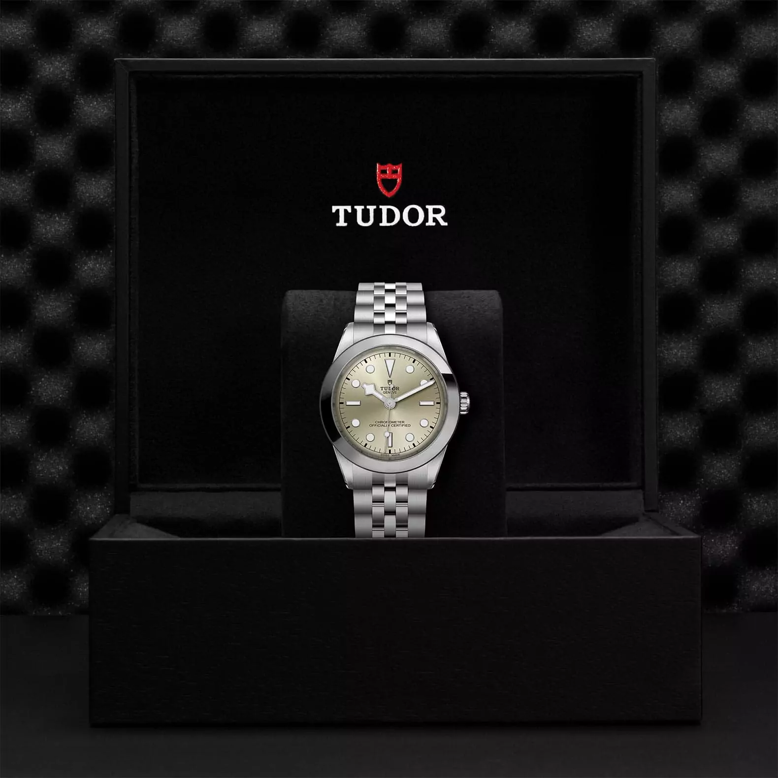 Tudor Black Bay 39 mit Gehäuse und Band aus Edelstahl und champagnerfarbenem Zifferblatt in der Box