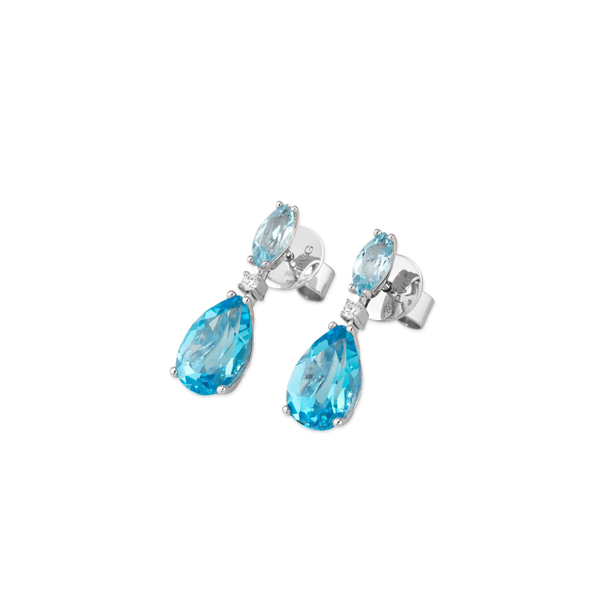 Ohrschmuck aus 18 Karat Weißgold mit blauem Topas, skyblue Topas und Diamanten