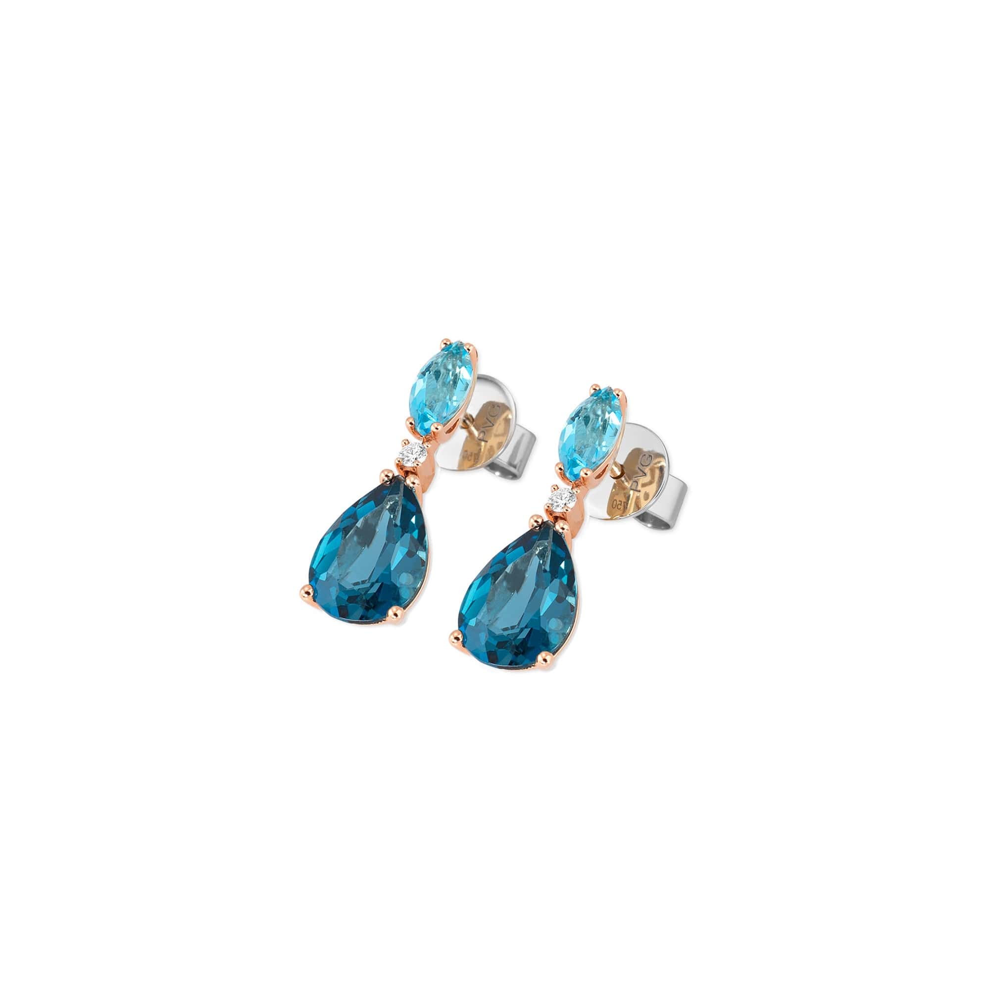 Ohrschmuck aus 18 Karat Roségold mit londonblue Topas, blauem Topas und Diamanten