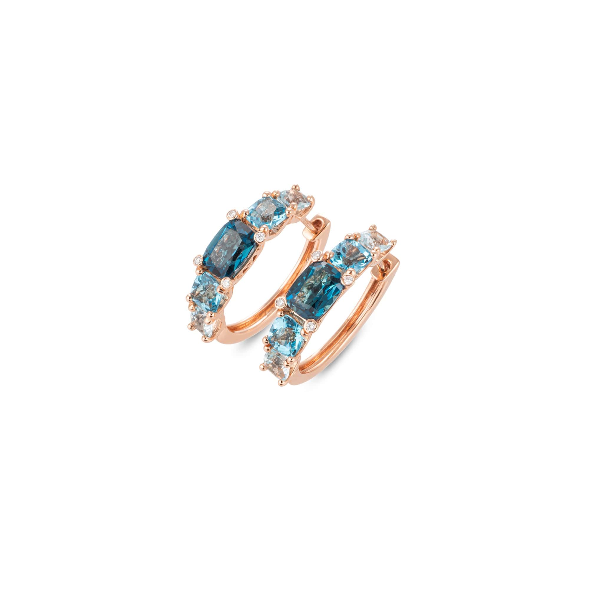 Ohrschmuck aus 18 Karat Roségold mit londonblue Topas, blauem Topas, skyblue Topas und Diamanten