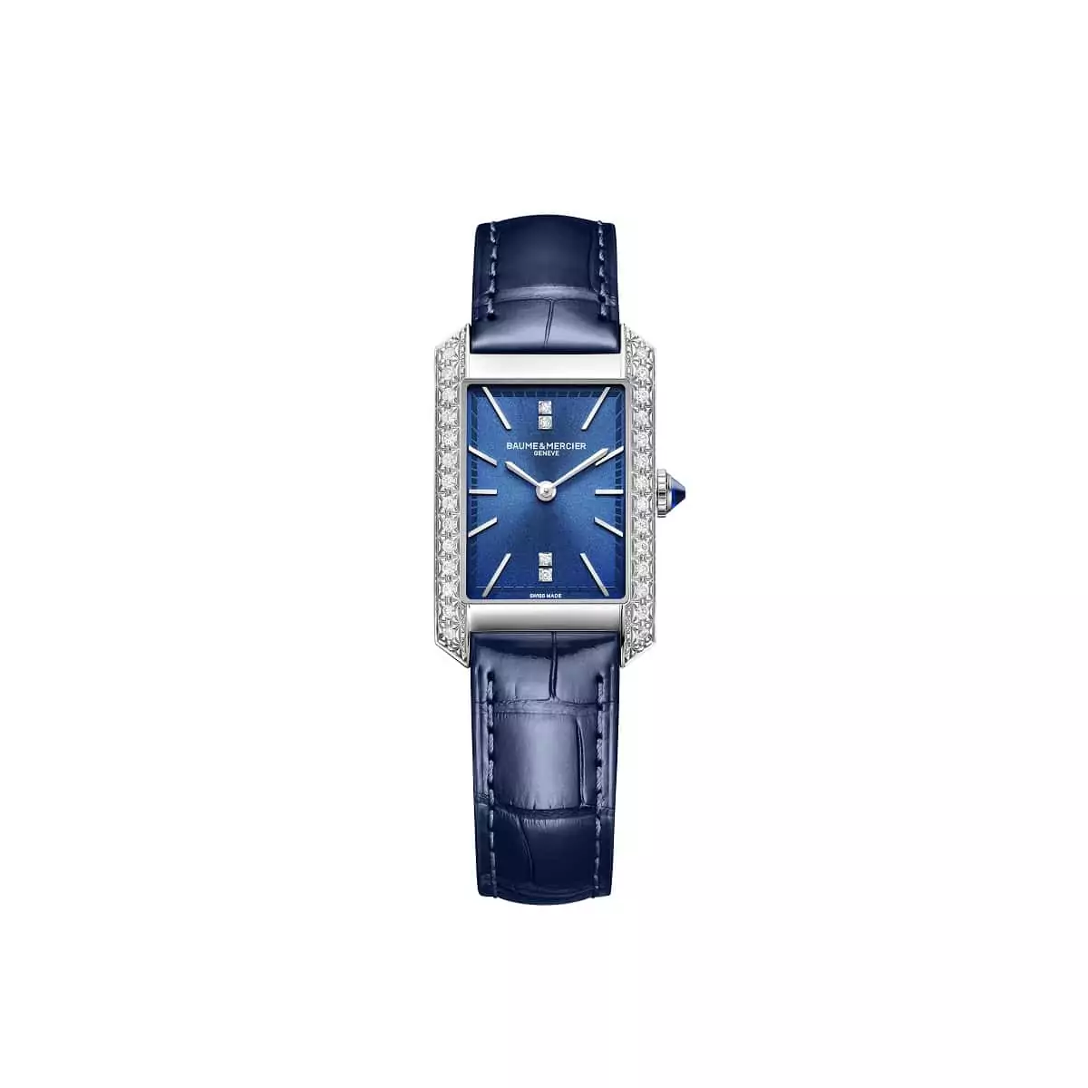Baume et Mercier Hampton mit Edelstahlgehäuse, Lederband, blauem Zifferblatt und Diamanten