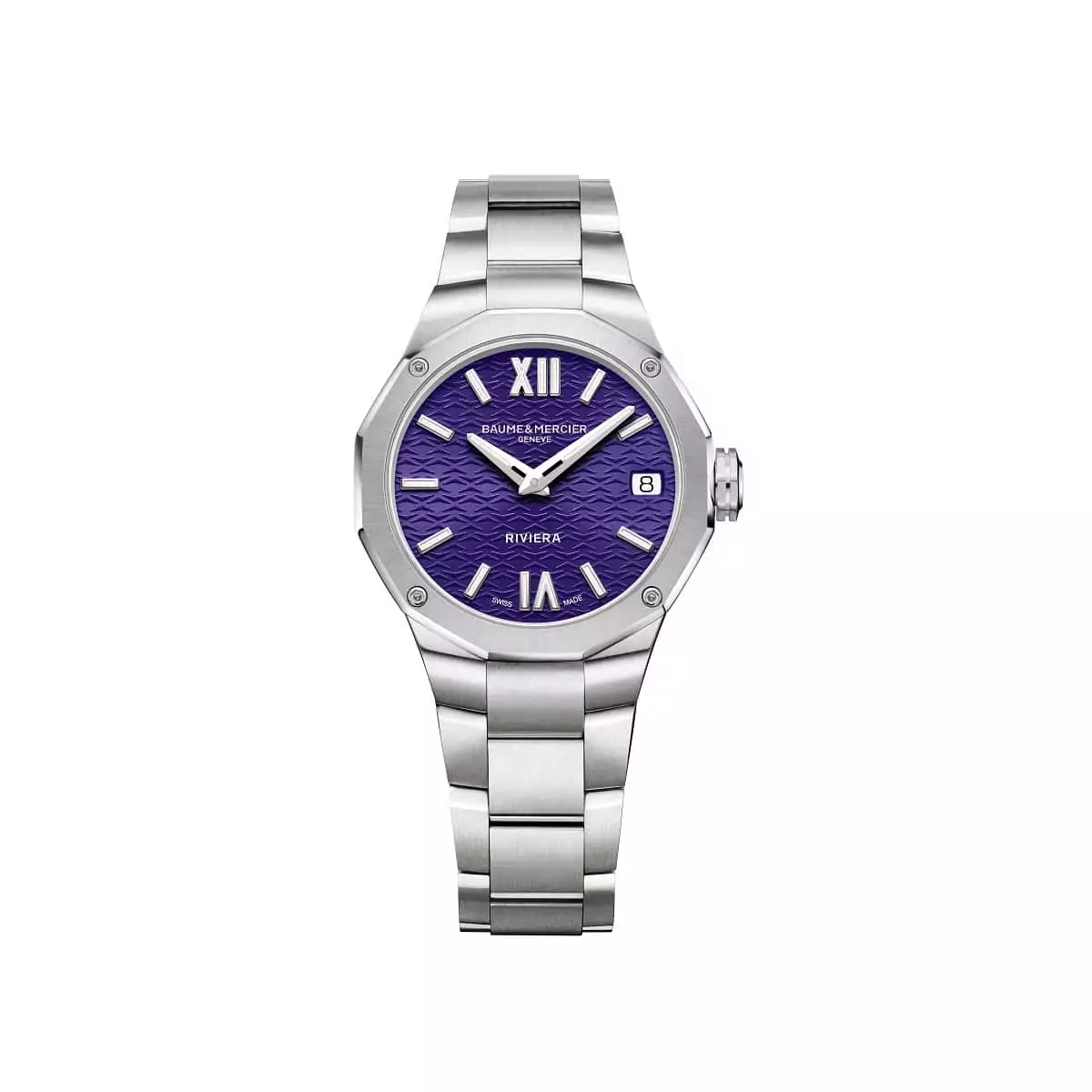 Baume et Mercier Riviera mit Gehäuse und Band aus Edelstahl und lila Zifferblatt