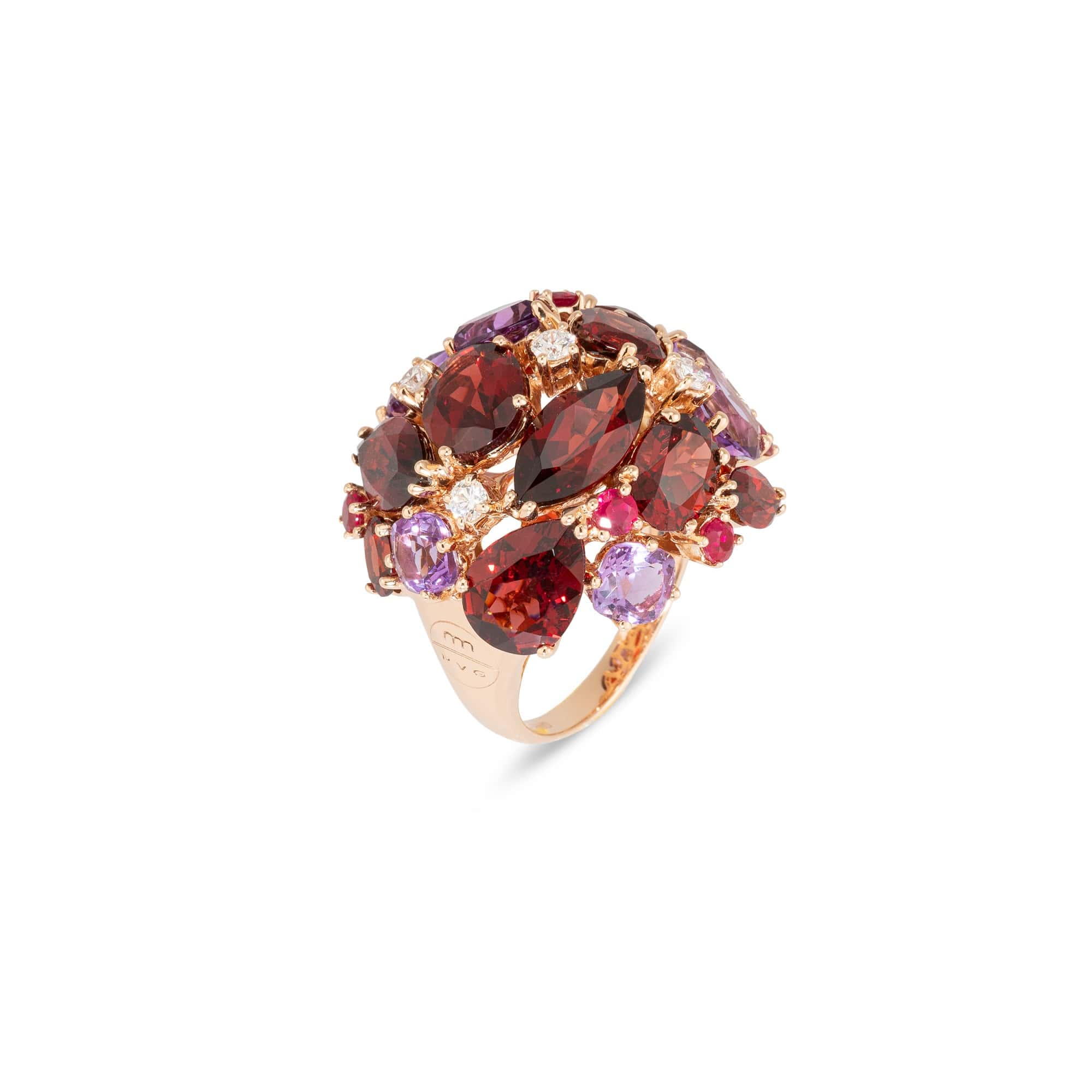 Ring aus 18 Karat Roségold mit Rubin, Granat, Amethyst und Diamanten