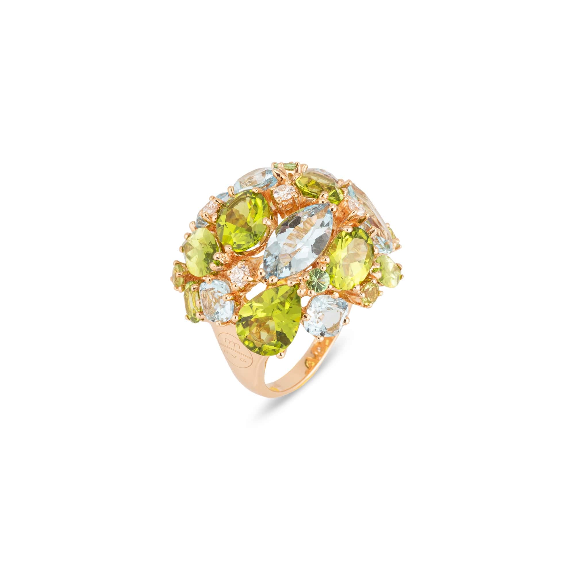 Ring aus 18 Karat Roségold mit Peridot, Topas, Granat und Diamanten